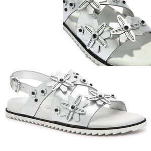 TOD'S SHOES SILVER LEATHER GOMMA FLAT SANDALS FLOWERS